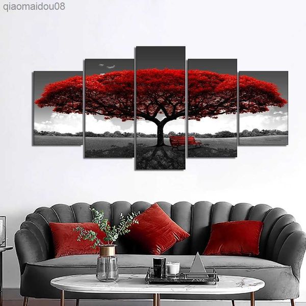 Conjunto de 5 pçs Abstrato Árvores Vermelhas Pinturas em Tela Moderna Paisagem Pôsteres e Impressões Imagens de Arte de Parede para Decoração de Sala de Estar em Casa L230704