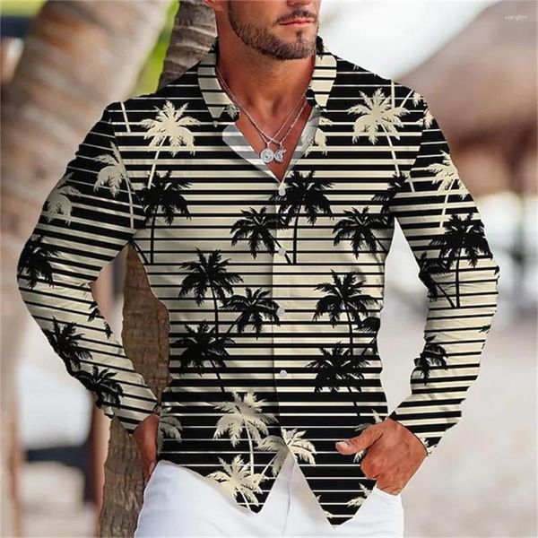 Camicie casual da uomo Camicia hawaiana Motivo a righe cocco Alleggerito Grigio chiaro Strada Manica lunga Bottoni Abbigliamento Design Morbido 6XL