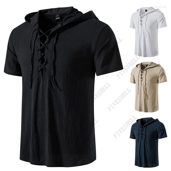 Camicie casual da uomo 2023 Felpa con cappuccio nera Camicia da pirata con lacci Uomo Viking Steampunk Retro Rinascimento Gotico medievale Vittoriano Halloween