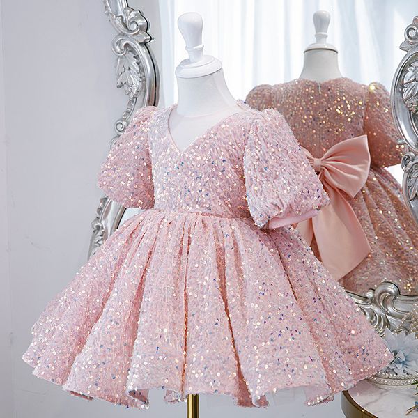 Vestidos para meninas Vestidos formais de lantejoulas rosa para adolescentes Vestidos de luxo para meninas de 2 a 14 anos Arco infantil Princesa Vestido curto para noite Festa de aniversário 230712