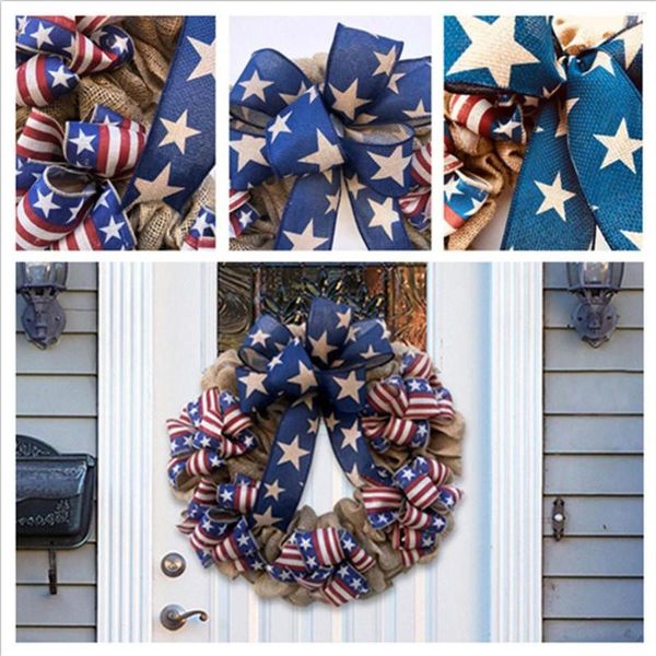 Coroa de flores decorativas patrióticas para a decoração da porta da frente vermelho, branco, azul, bandeira americana, sinal pendurado, guirlanda, parede, varanda