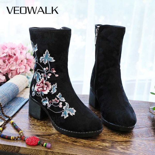 Stiefel Veowalk Warmes Futter Winter Damen bestickte Stiefeletten Baumwollstoff Stiefeletten mit Reißverschluss für elegante Damenschuhe im chinesischen Stil L230712