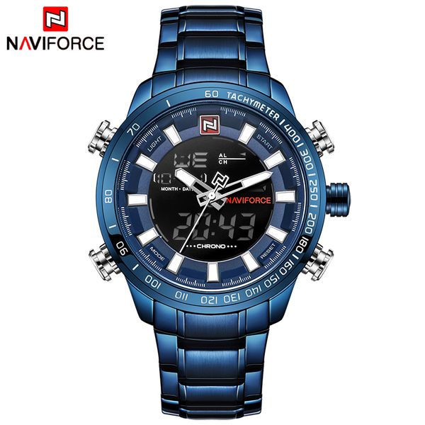 NAVIFORCE Top Luxury Brand Men Sports Watchs Mens Full Steel Quartz Digital Clock Man Relógio de Pulso À Prova D' Água Relogio Masculino