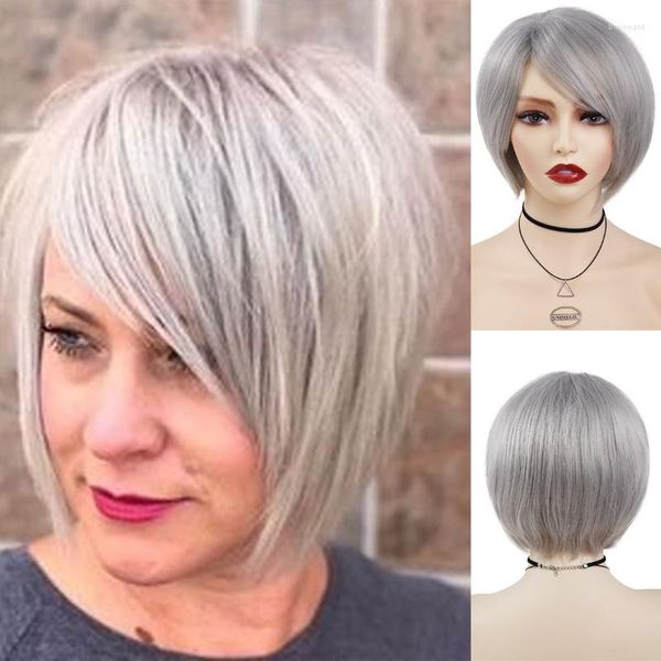 Perucas Sintéticas GNIMEGIL Curto Bob Corte de Cabelo Peruca Com Franja Para Mulheres Velhas Elegante Cinza Reto Mamãe Traje Cosplay Diário