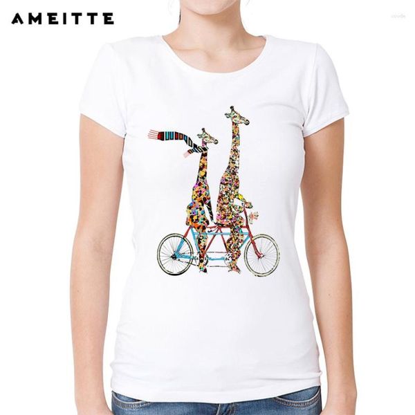 Camisetas Femininas Est 2023 Verão Feminino Bonito Duas Girafas Andando de Bicicleta Camiseta Impressa Moda Criativa Legal Manga Curta Tee Tops