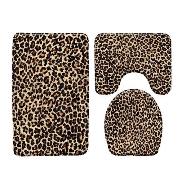 Conjunto de 3 unidades de tapetes de banho amarelo rosa vermelho leopardo banheiro antiderrapante tapetes de banho moda zebra padrão quarto flanela tapete de assento de vaso sanitário tapetes 230711