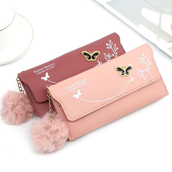 Brieftaschen Modische Frauen Lange Reine Farbe Wolle Ball Schleife Clutch Tasche Karte Münze Geldbörse Standard PU Solide Polyester