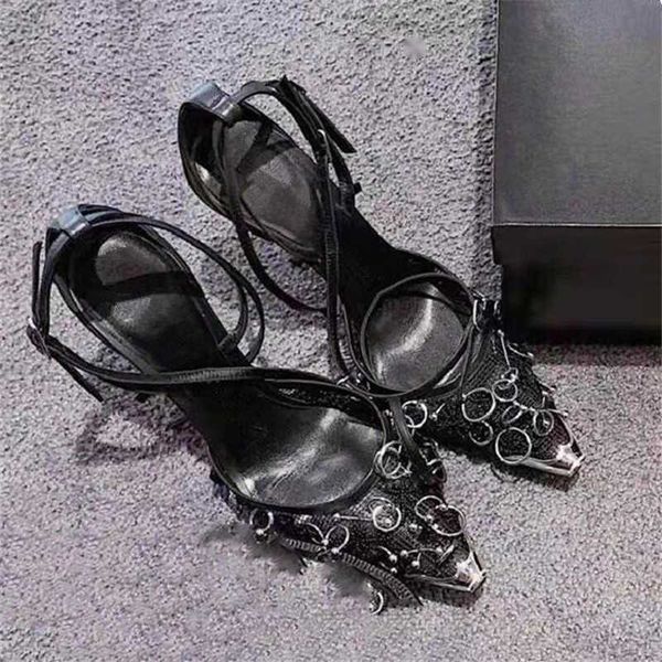 Sandali Sexy Black Mesh Women Metal Toe Tacchi alti Circle Decor Summer Sandal Straps Dress Shoes Donna Sandalias Mujer 230417