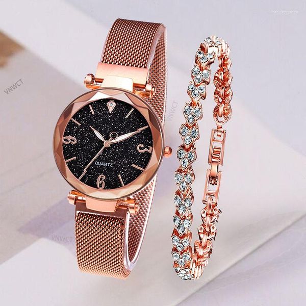 Relógios de pulso 2 pçs feminino relógio céu estrelado moda pulseira em forma de coração relógio de pulso feminino de luxo conjunto de diamantes