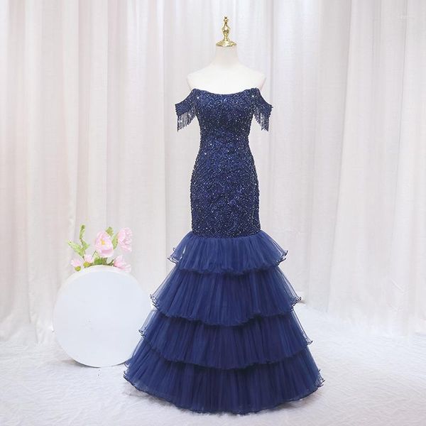 Partykleider SunnyBridal2023 Marineblaue Meerjungfrau Elegantes Abendkleid Luxus Perlen Sexy Schulterfrei Für Frauen Formales Kleid