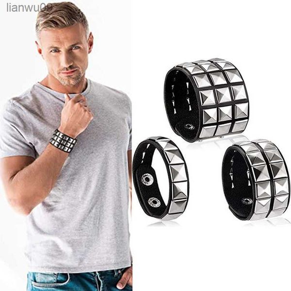 Unique 123 Reihen Cuspidal Spikes Nietschock Breitmanschette Leder Punk Gothic Rock Unisex Armreif Armbänder für Männer Geburtstag Schmuck L230704