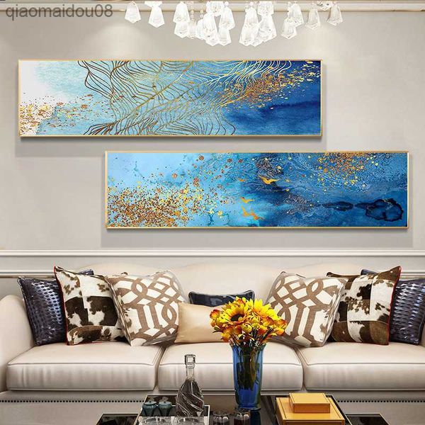 Poster di lusso nordico Blue Gold Line Abstract Wall Art Immagine su tela con cornice Modern Marble Texture Home Decor Print Painting L230704