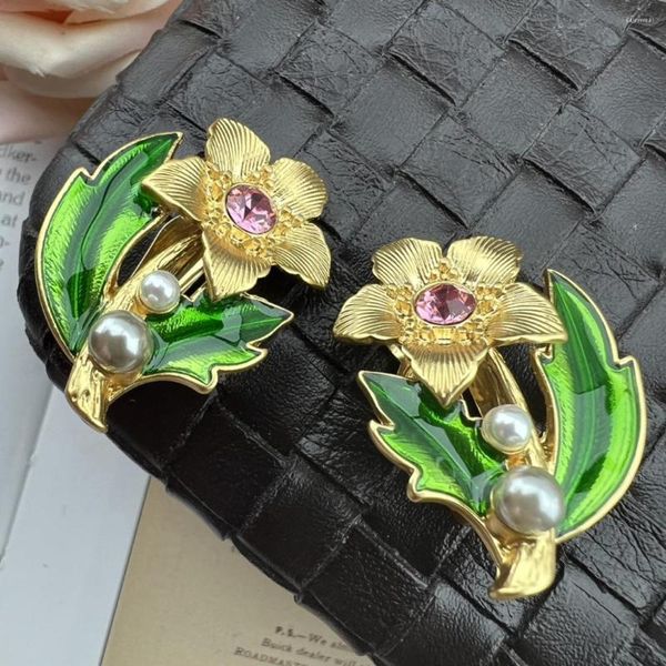 Brincos traseiros 2023 vintage puro esmalte de mão checo damond incrustado pequena série de flores clipes de orelha para mulheres