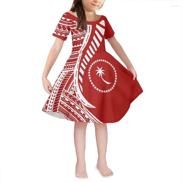 Lässige Kleider Kinder, individuell gestaltetes Kleid, polynesische Stammeskleidung, CHUUK, rotes Muster, lockerer Druck, für Mädchen im Alter von 4 bis 14 Jahren