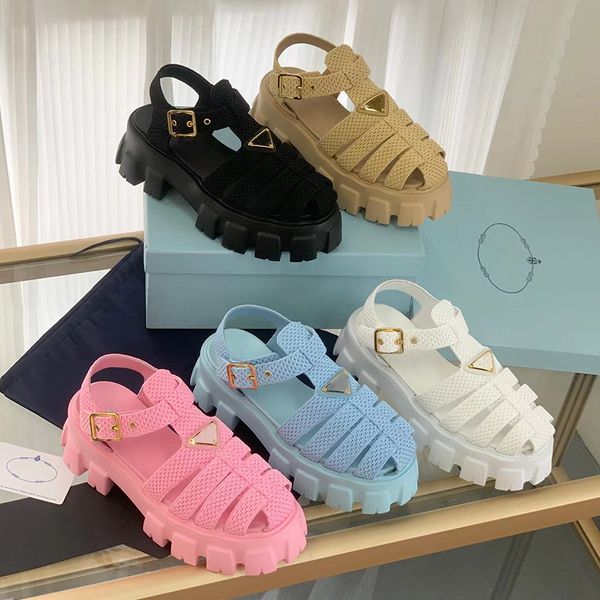 Häkeln Sandalen Frauen Designer Rutschen Hausschuhe Sommer Neue Atmungsaktive Dicken Sohlen Schuhe Frau Hohe Qualität Stroh Strand Sandale Slipper Rutsche weben