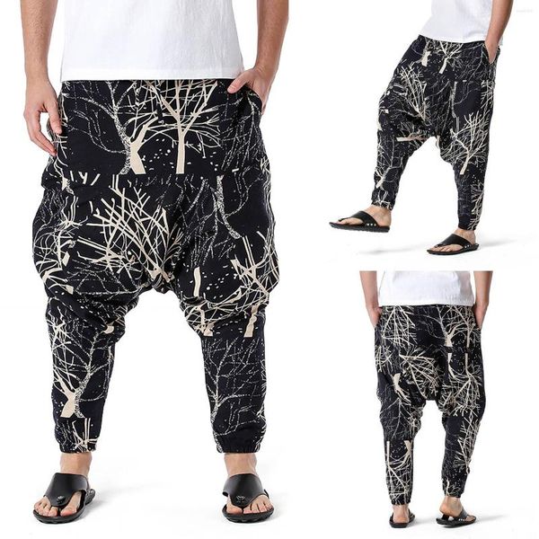 Calças masculinas de algodão e linho masculinas plus size casuais largas hip hop joggers streetwear soltas soltas entrepernas 2023