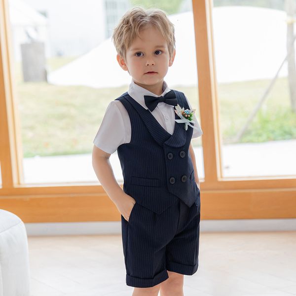 Ternos infantil primavera verão conjunto de colete listrado britânico apresentação para meninos performance de casamento vestido de aniversário colete infantil shorts gravata borboleta 230711