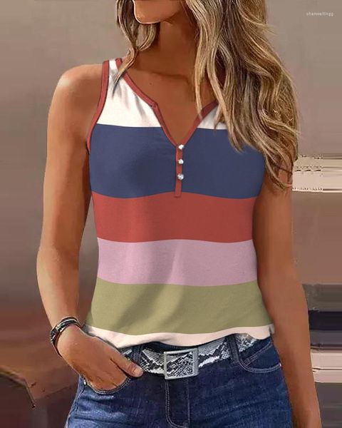 Damenblusen Ninimour Frauenkleidung Gestreiftes Colorblock-Knopf vorne Lässiges Tanktop 2023 Sommer V-Ausschnitt Ärmellose Pullover Tops Femme