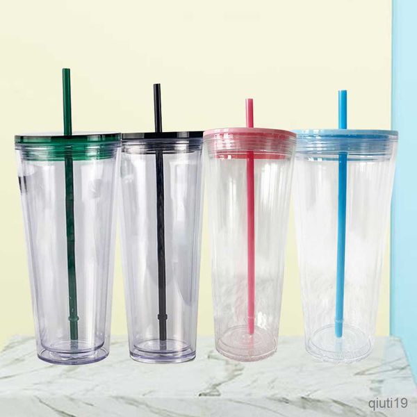 Canecas 500ml Dupla Camada Copo Palha Transparente Com Tampa Copo De Café Copos Reutilizáveis Copo De Plástico Acabamento Fosco Caneca De Café R230712