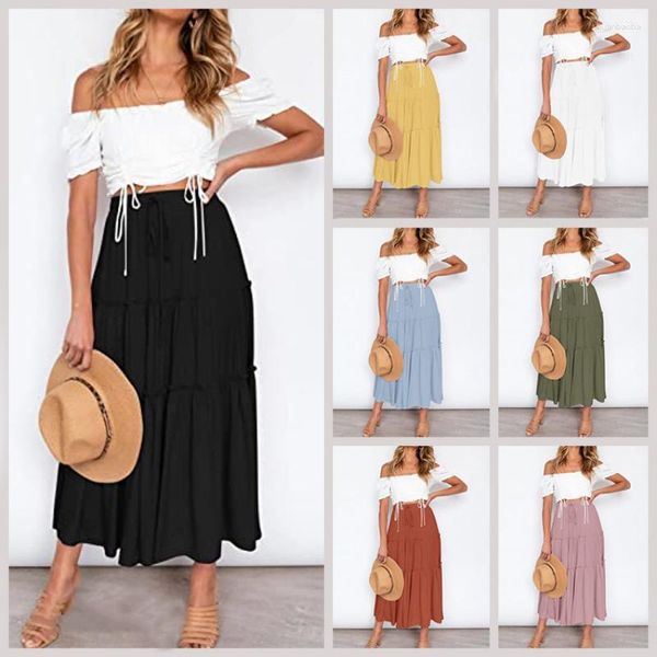 Saias 2023 Laranja Verde Sólido Moda Boêmia Saia Longa Feminina Elegante Férias Verão Casual Cintura Alta Elástica Retro Outono