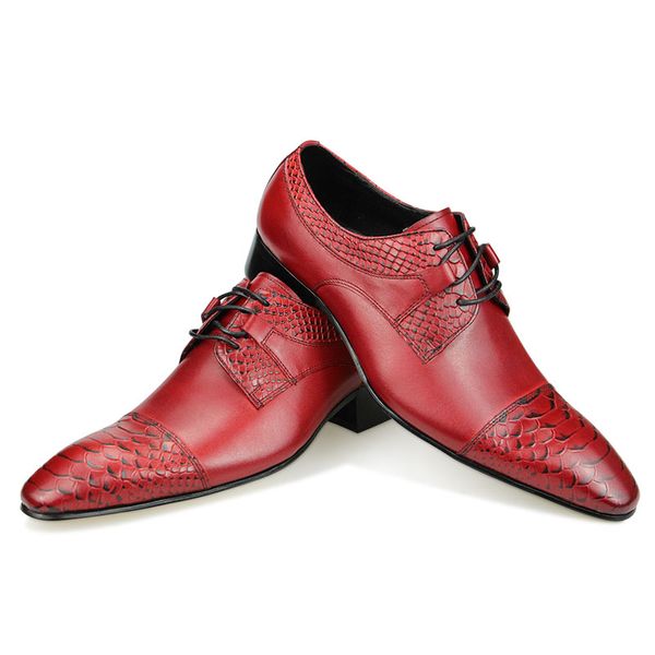 Men Formal Derby Fashion Business Office Designer Vintage Red Black Shoe Lace Up Up Ponte Toe Wedding Genuine Leather Sho 8299