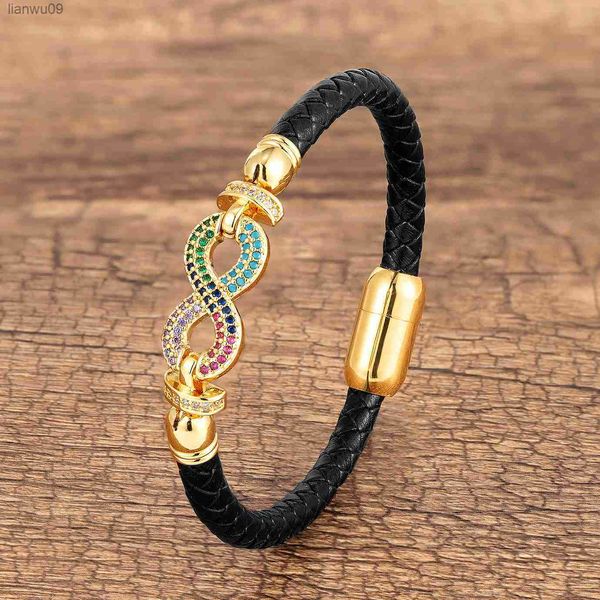 Novo Design Letter 8 Zircon Women Bracelet Classic Weave Leather Genuine Wristband Moda Masculino Bangles Jóias Frete Grátis L230704