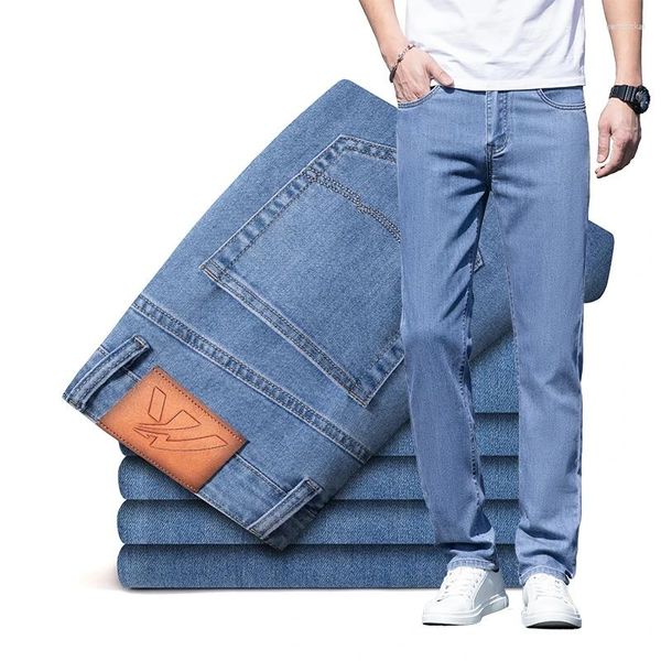 Мужские джинсы летние тонкие материалы двойной ядро ​​ультра мягкий дышащий ватный валотный эластичный тонкий обстановка для мужских брюк прямо