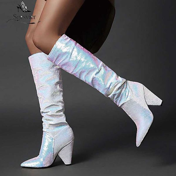 Boots Sgesvier Bling Sequine Sequien Conting High Boots Женщины Spike Heel вечеринка ночной клуб Boots Осенние туфли Золотое серебро большое размером 48 L230712