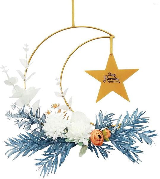 Flores decorativas Coroas de Ramadã Metal Meia-Lua Flor Artificial com Estrelas Aro Pendurado Anéis Florais Primavera W