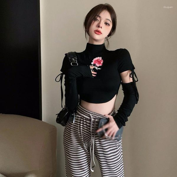 Camisetas femininas Y2k com estampa de rosas, decote em O, camiseta sexy feminina com manga externa, roupas femininas da moda coreana, top cropped