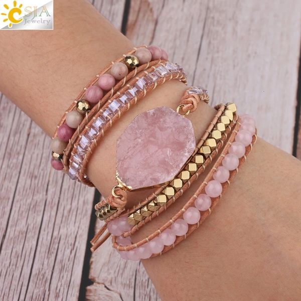 Цепочка CSJA Natural Stone Bracelet Розовый кварцевый кожаный обмоток браслетов для женщин Rose Gems Crystal Beads Bohemia Jewelry 5 Strand S308 230711