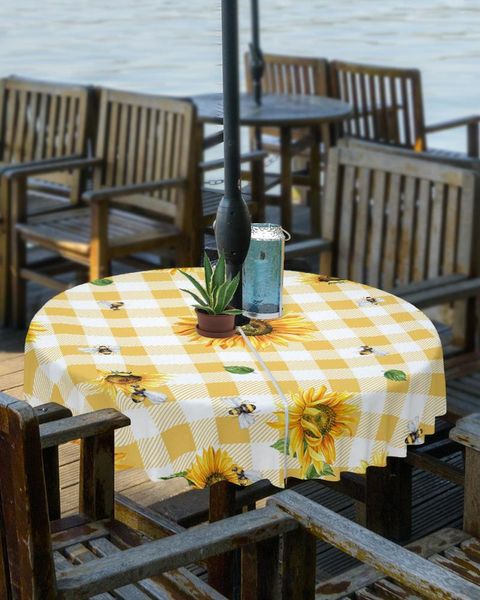 Toalha de mesa rústica flor de girassol xadrez amarela toalha de mesa ao ar livre com guarda-chuva com zíper à prova d'água para piquenique pátio capa redonda