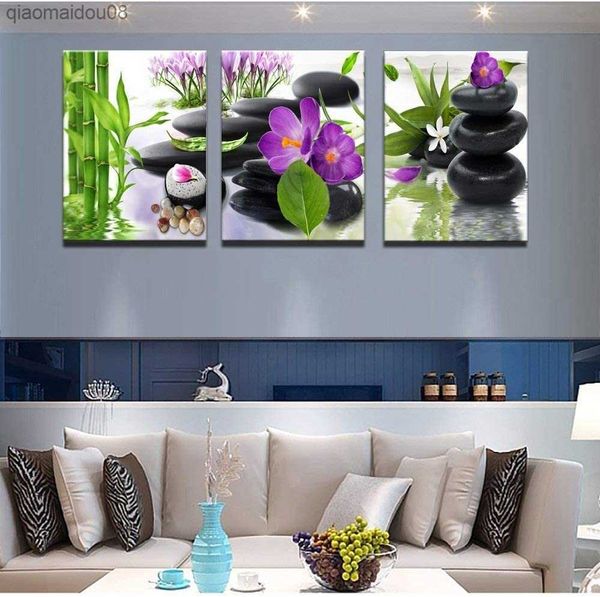 3 Stück Spa grüner Bambus lila Zen-Blumen-Poster, Bilder, Leinwand, Wandkunst, Badezimmer, Heimdekoration, Gemälde, Wohnzimmer-Dekoration, L230704