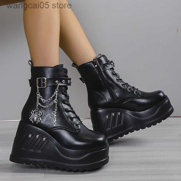 Botas Goth Platform Ankle Boots Feminino Corrente de Metal Estilo Punk Zip Preto Botas Sapatos Para Mulher Cosplay Botas de Halloween T230712