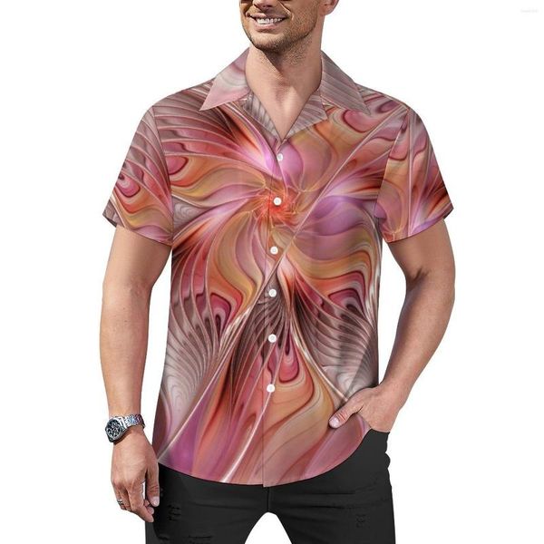 Camisas casuais masculinas abstrato borboleta solta camisa de férias de férias arte fractal de verão gráfico de manga curta moda de grandes dimensões