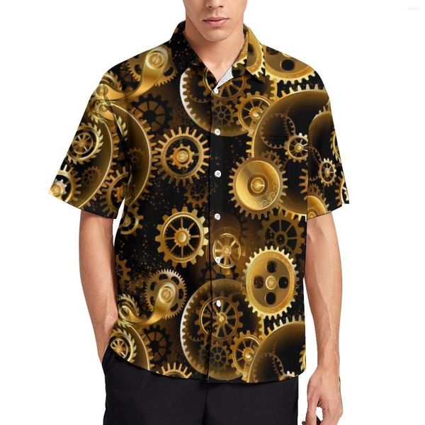 Camisas casuais masculinas retrô camisa steampunk homem latão engrenagens impressão praia havaí streetwear blusas manga curta blusa tamanho grande personalizado