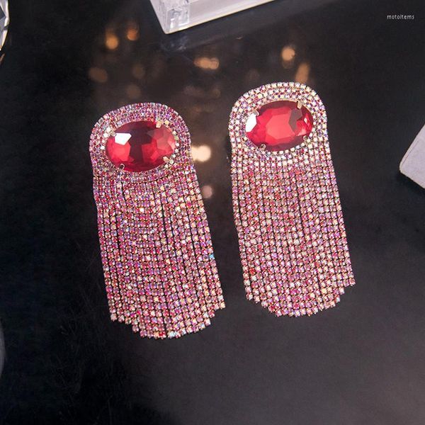 Baumelnde Ohrringe FYUAN Luxus Rot Grün Kristall Für Frauen Lange Quaste Strass Damen Braut Hochzeiten Schmuck