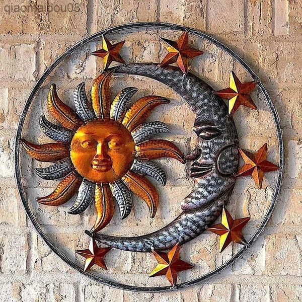 Metal Sun Moon Yüz Heykel heykel Duvar Sanatı Asılı Süsler Ev Kapalı Açık Bahçe Çit Ofis Masası Dekorasyon L230704