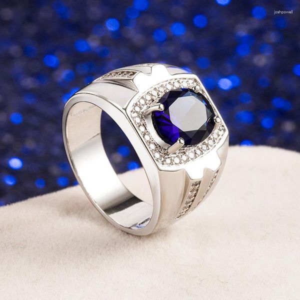 Hochzeit Ringe Luxus Männlich Weiblich Kristall Oval Ring Charme Silber Farbe Engagement Dainty Blau Zirkon Stein Für Frauen Männer