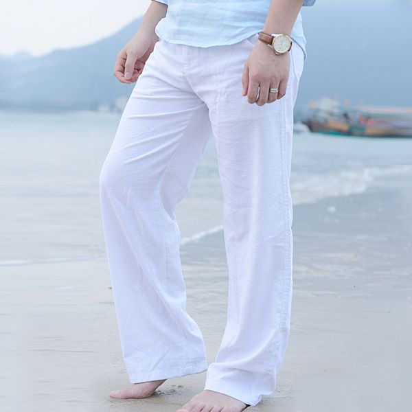 Erkekler pantolon erkekler rahat pamuk keten evli bacak tay balıkçı gevşek uzun pantolon beyaz siyah düz renk sonbahar yaz m 3xl 230711