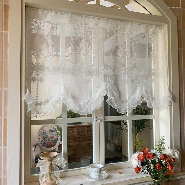 Cortina 1 peça branca romântica floral babados pura cortinas bordadas para cozinha fazenda quarto fundo pérola rendas cortinas de janela