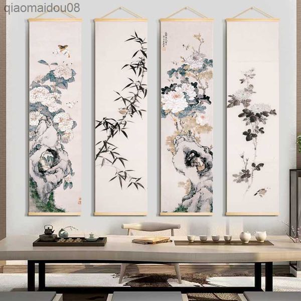 Chinesischen Stil Bambus Scroll Wand Malerei Vintage Wohnzimmer Dekorative Poster Home Office Aufkleber Wand Kunst Bild Tapisserie L230704