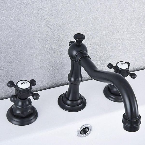 Rubinetti per lavabo da bagno Ottone lucidato a olio nero Diffuso Miscelatore per lavabo a doppia maniglia Miscelatore per lavabo a 3 fori montato sul ponte Asf541