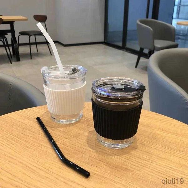 Tazze 350ml / 450ml Tazza di vetro per caffè Sigillata Bottiglia d'acqua resistente al calore spessa Tazza Tè Succo di latte Doppia bevanda Tazza di caffè con regalo di paglia R230712