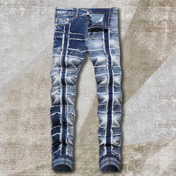 Jeans da uomo 2023 Biker High Street Fashion Washed Blue Stitching Vaqueros Hombre Zipper Used Beggar Pants Bootcut For Men