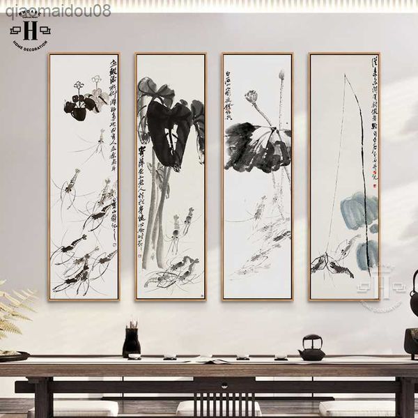 Nova impressão em tela de estilo chinês camarão de lótus caligrafia tinta paisagem pintura de parede pôster fotos arte salão de chá varanda decoração de casa l230704