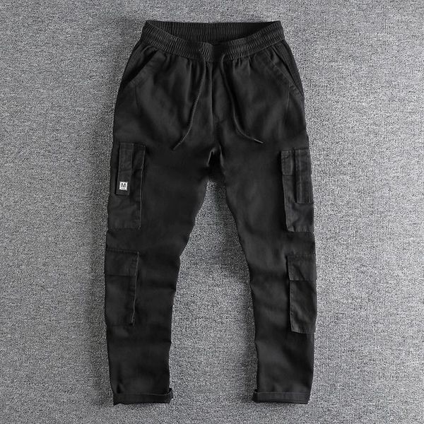 Calça masculina com vários bolsos terno casual para todo algodão corte 3D solto perna reta 280