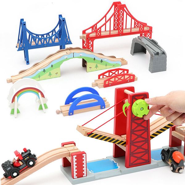 Diecast modelo de carro de madeira trilha de trem de corrida brinquedos ferroviários todos os tipos de acessórios de trilha de ponte apto para brinquedos de trilhas de madeira de esferovite para crianças presente 230712