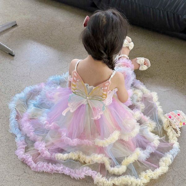 Abiti da ragazza Vestiti da neonata Abiti da principessa Abito da bambina in filato arcobaleno Pizzo con volant Farfalla Vestito da fata Vestito lungo da bambina per bambiniHKD230712