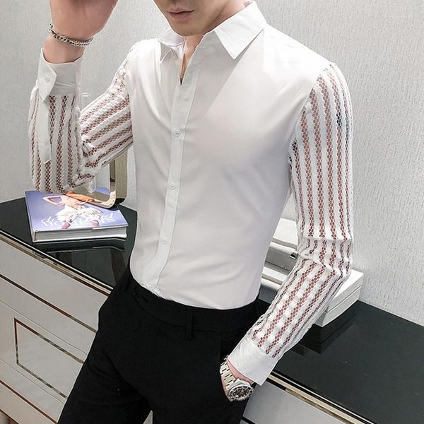 Camicie eleganti da uomo 2023 Prospettiva in pizzo Camicia sexy Party Prom Fashion Hollow Splice Manica lunga Nightclub Casual Social